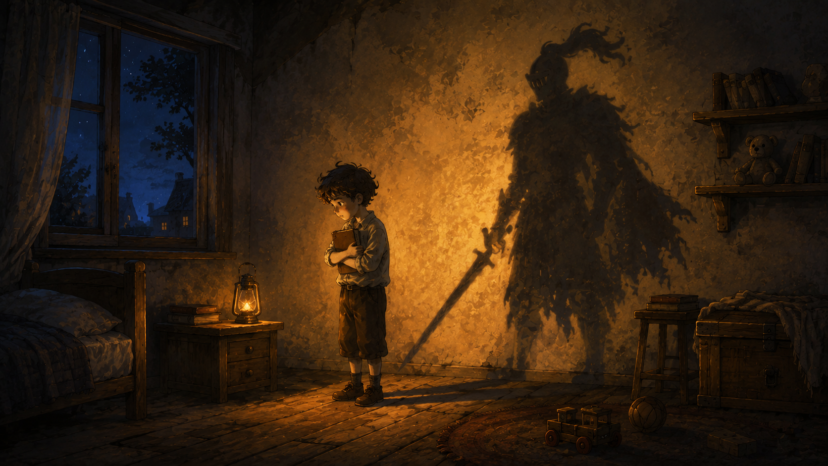 A young boy holding a notebook casts a shadow of a knight on the wall, symbolizing InkBlade as a narrative action-platformer about fear, inner resistance, and gameplay storytelling.