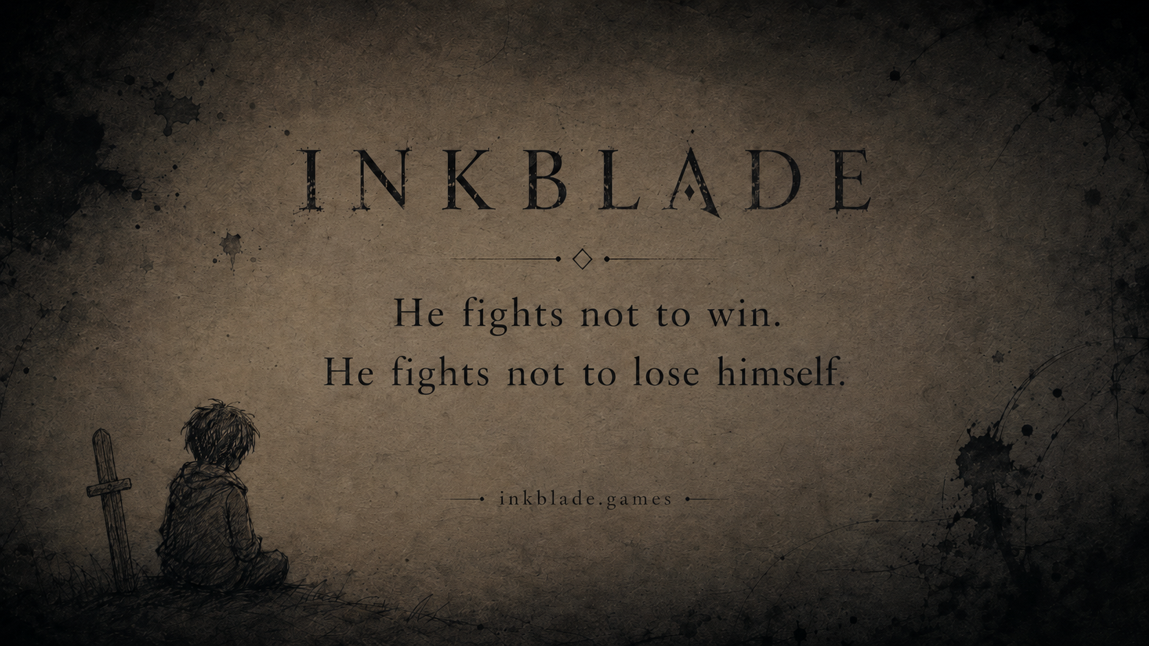 InkBlade quote artwork with a child sitting beside a wooden sword on dark paper.